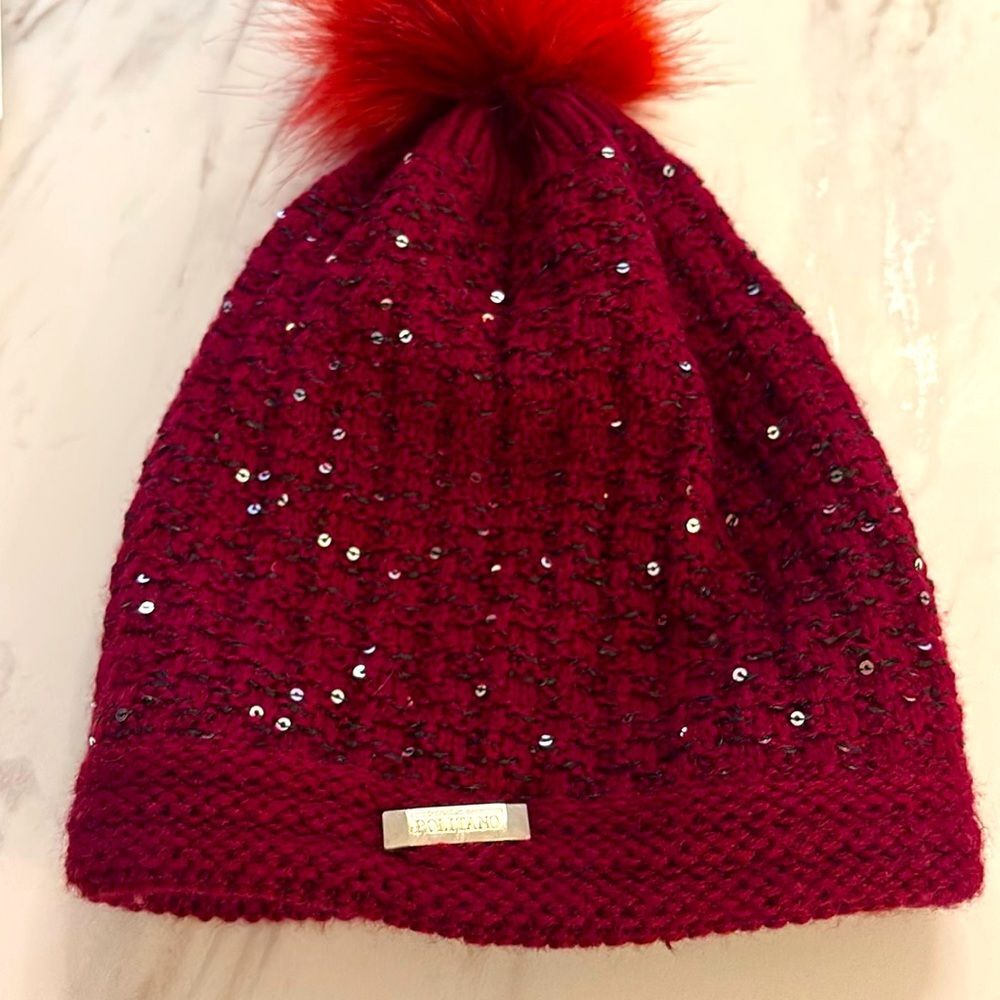 Kids Red Sequin Knit Beanie Faux Fur Pom Pom Hat